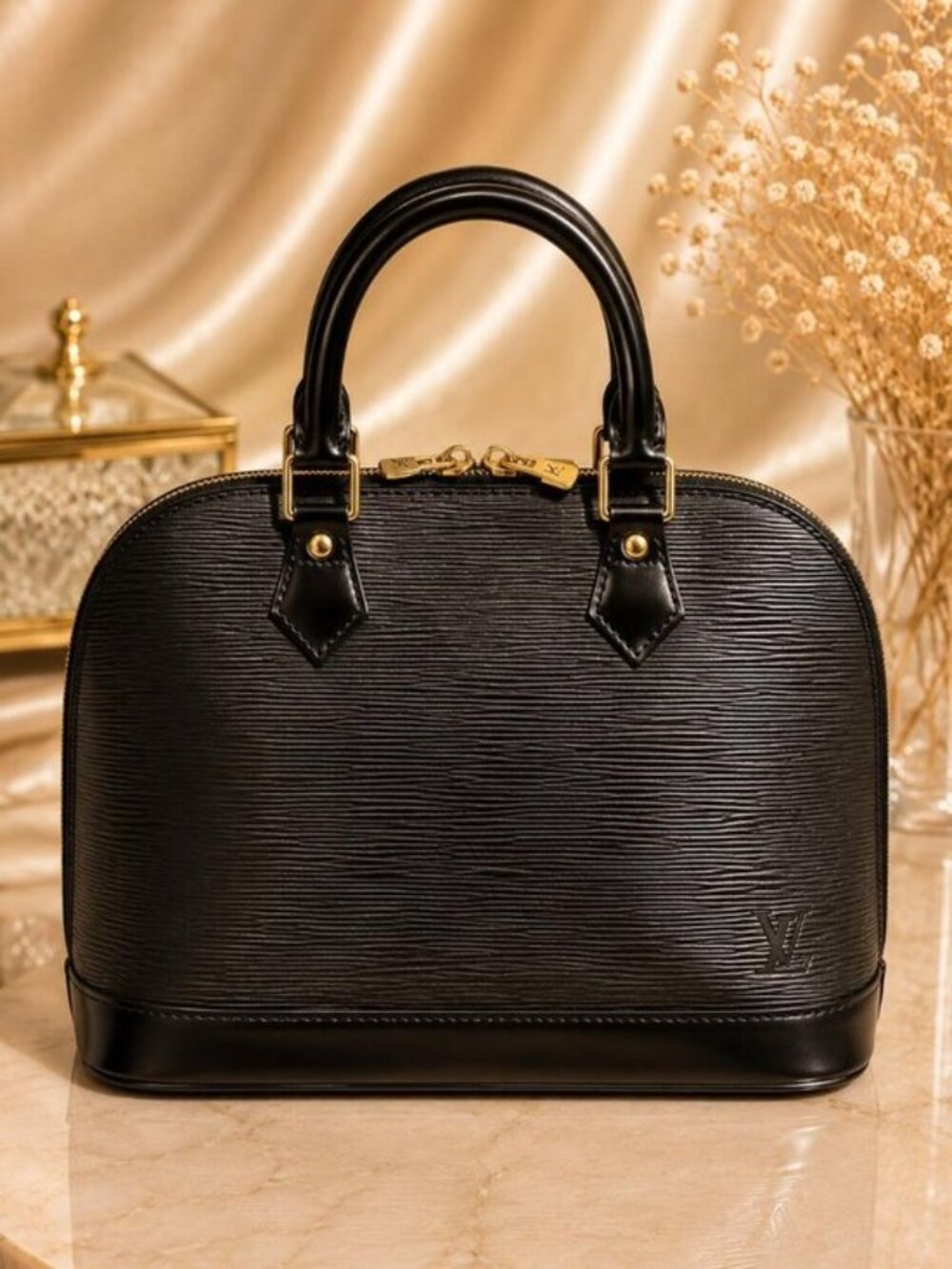 Authentic Louis Vuitton Alma Black Epi Leather Top Handle Satchel Handbag